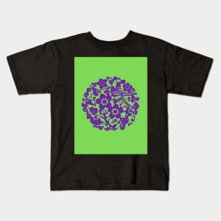 Traditional Chinese Paper Cutting Floral Pattern - Hong Kong Retro Vivid Lime Green with Purple Symbol Kids T-Shirt